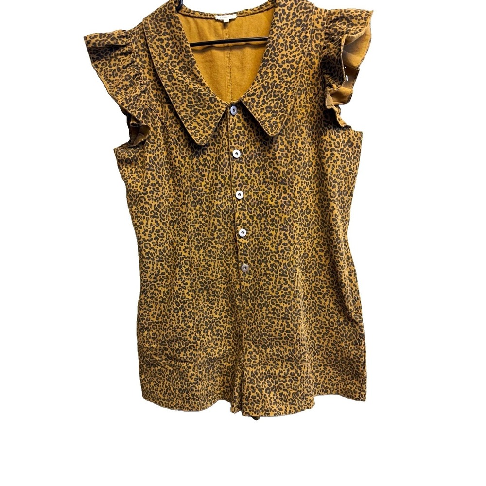 JODIFL Women Leopard Print Sleeveless Button Front Ruffle Collar Short Romper L